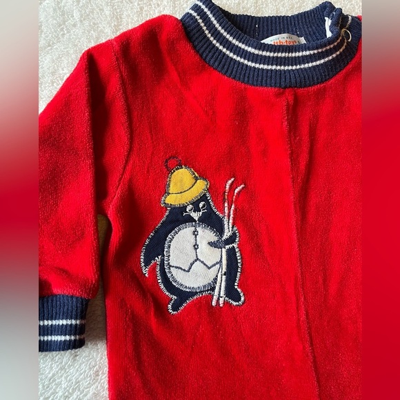 Vintage Health-Tex Baby Romper, Red Velvet w Penguin Design, Sz 9 months - Picture 2 of 6